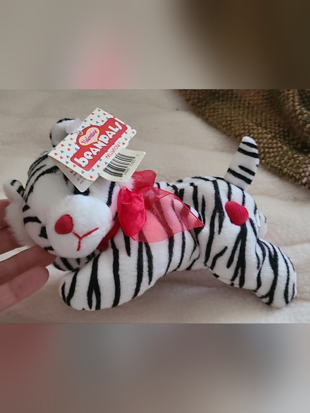 NWT Vintage Beanpals White & Black Striped Tiger Plush with Red Bow